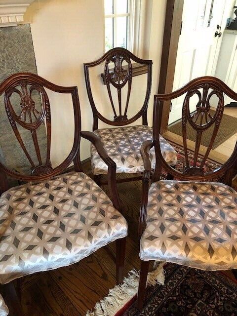 6 SHIELD BACK MAHOGANY CHAIRS W/SILK CUT VELVET GRAY PATTERN - 2 ARM AND 4 SIDES Unbranded