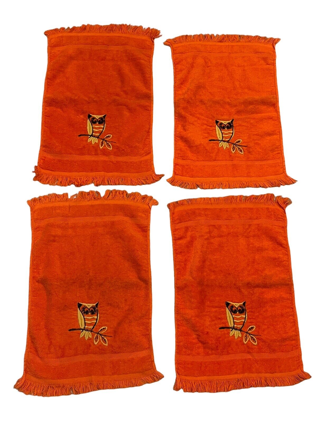 Set 4 Vintage Mid Century Orange OWL Cotton Hand Fingertip Towels SAYCO 11"x18" Без бренда