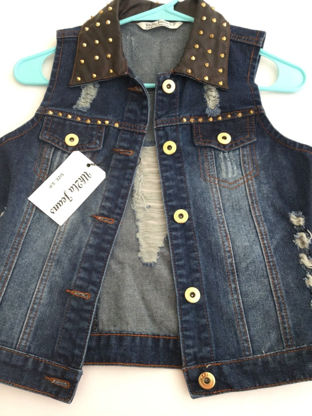 UK2LA Denim Jean Vest Faux Leather Collar Size Small Studs Spikes Distressed NEW UK2LA - фотография #2