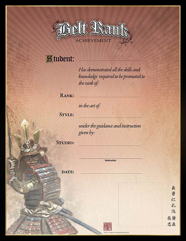 Martial Art Certificates - Samurai Belt Rank Achievement Certificates - Pk.of 5 Custom Printed Awards LLC Samurai Belt Rank Certificate Pack