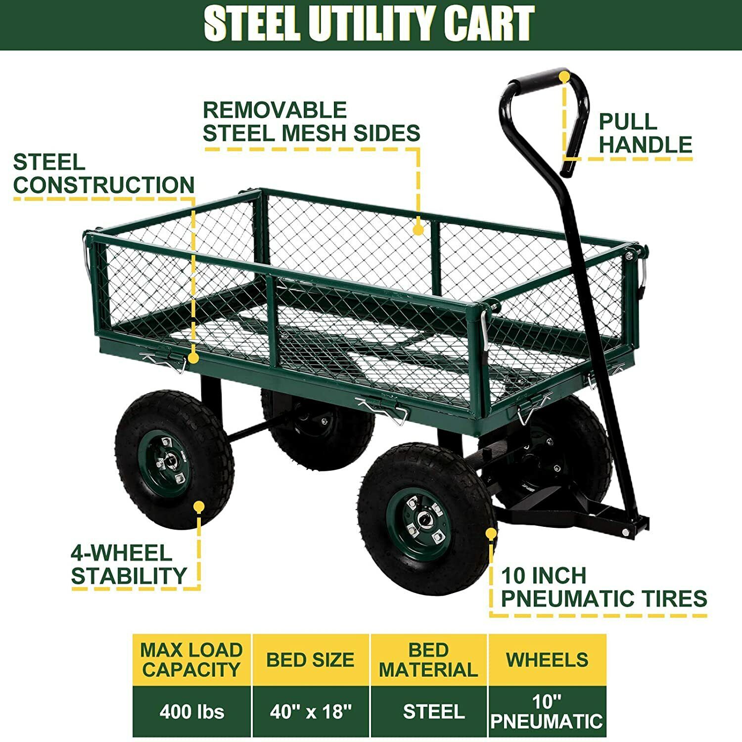 Heavy Duty Steel Utility Cart Lawn Outdoor Dump Wagon Cart Green Garden Cart Dkeli DK-87-GREEN - фотография #4