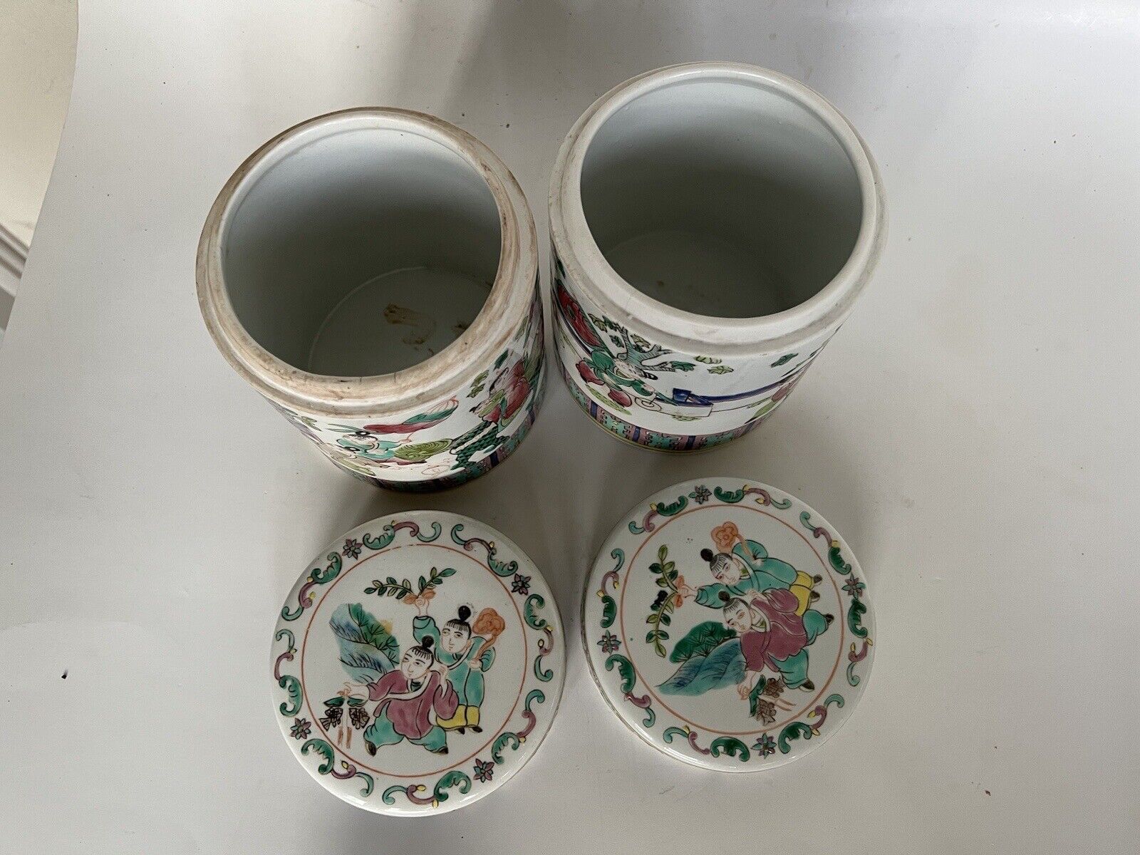 2 Antique Chinese Hand Paint Dragon Children Cylinder Hallmark Famille Jars 6" Без бренда - фотография #8