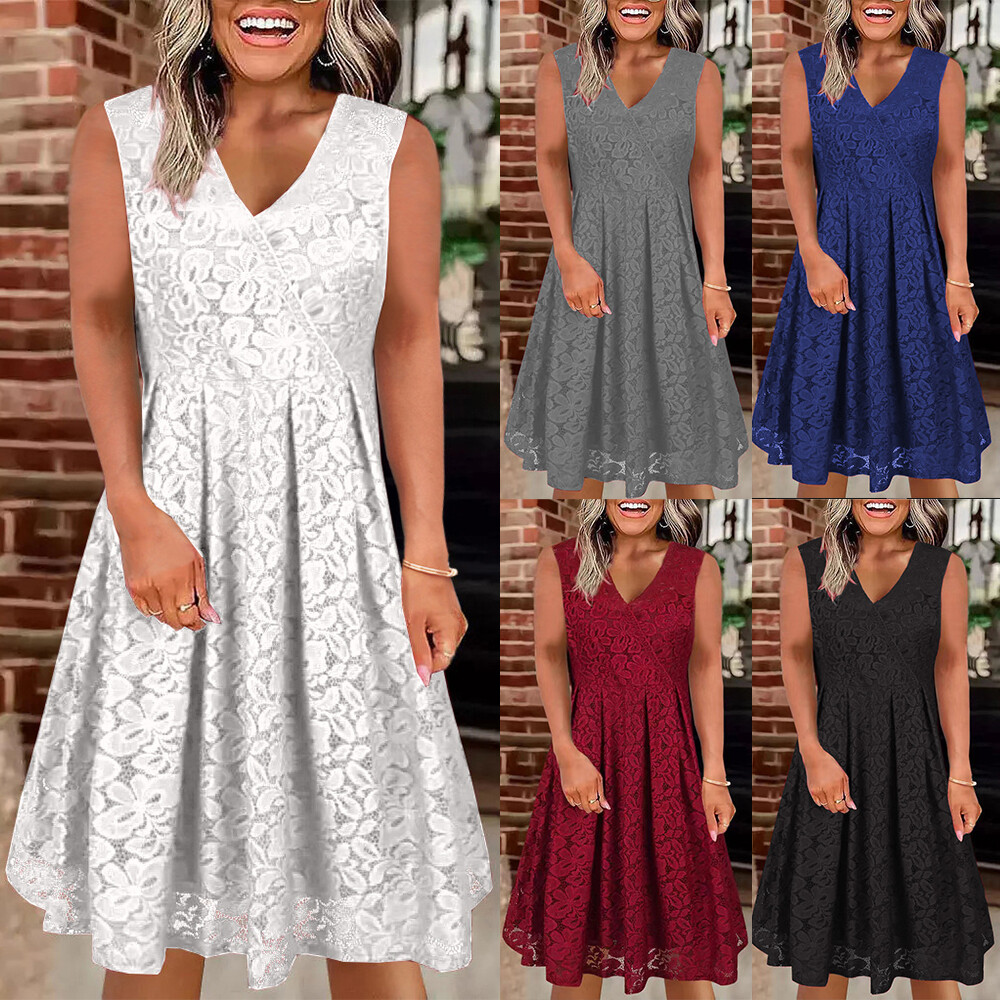 Women's Sexy V Neck Tank Midi Dress Lady Casual Lace Sleeveless Party Dresses US Unbranded Does Not Apply