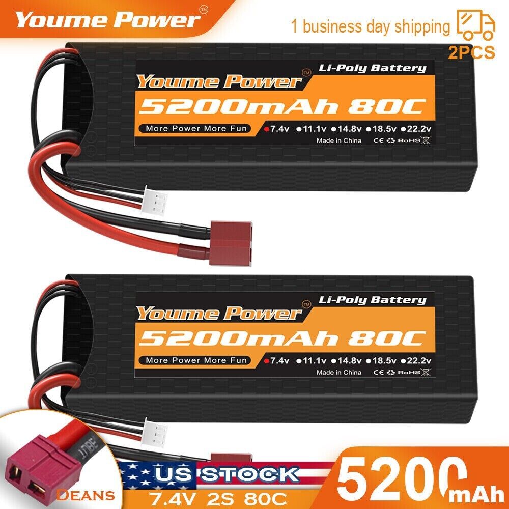 2pcs 2S 7.4V 5200mAh 80C LiPo Battery Deans Hardcase for RC Car Truck Buggy Boat Youme Does Not Apply