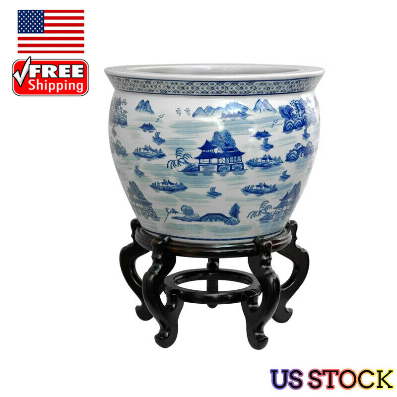 Porcelain Fishbowl W/ Oriental Landscape Furniture Decor Sturdy Home Office NEW Без бренда
