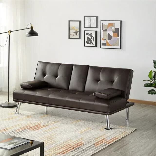 Faux Leather Futon Folding Convertible Sofa Bed Sleeper Couch Cupholders Modern Branded - фотография #2