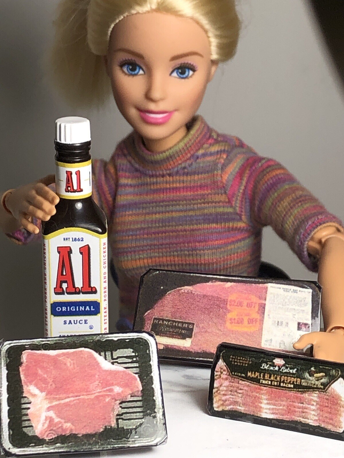 4pc BARBIE Doll FOOD Lot A1 STEAK Sauce 🥩  Bacon Little Kitchen Meat 1:6 SCALE Unbranded
