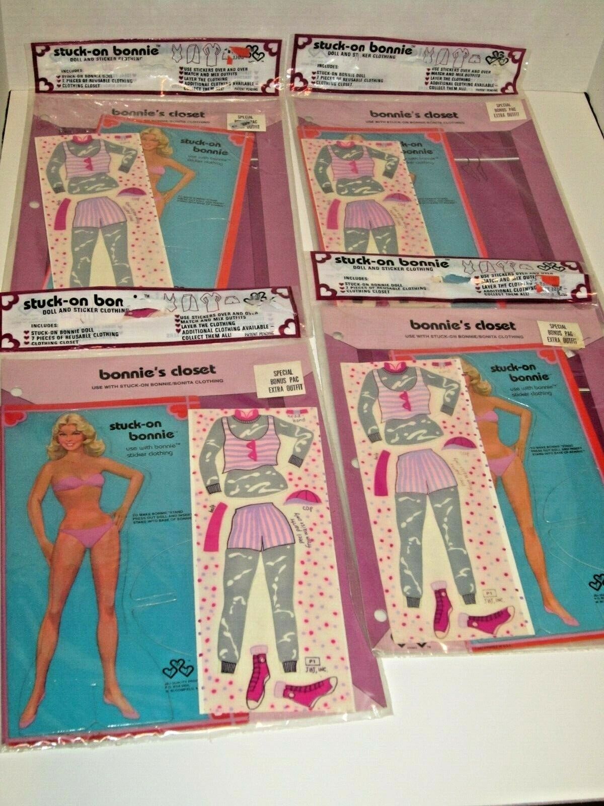 Lot Of 4 Vintage 1983 Stuck On Bonnie Doll & Sticker Clothing Packages JBJ - USA Stuck On Bonnie