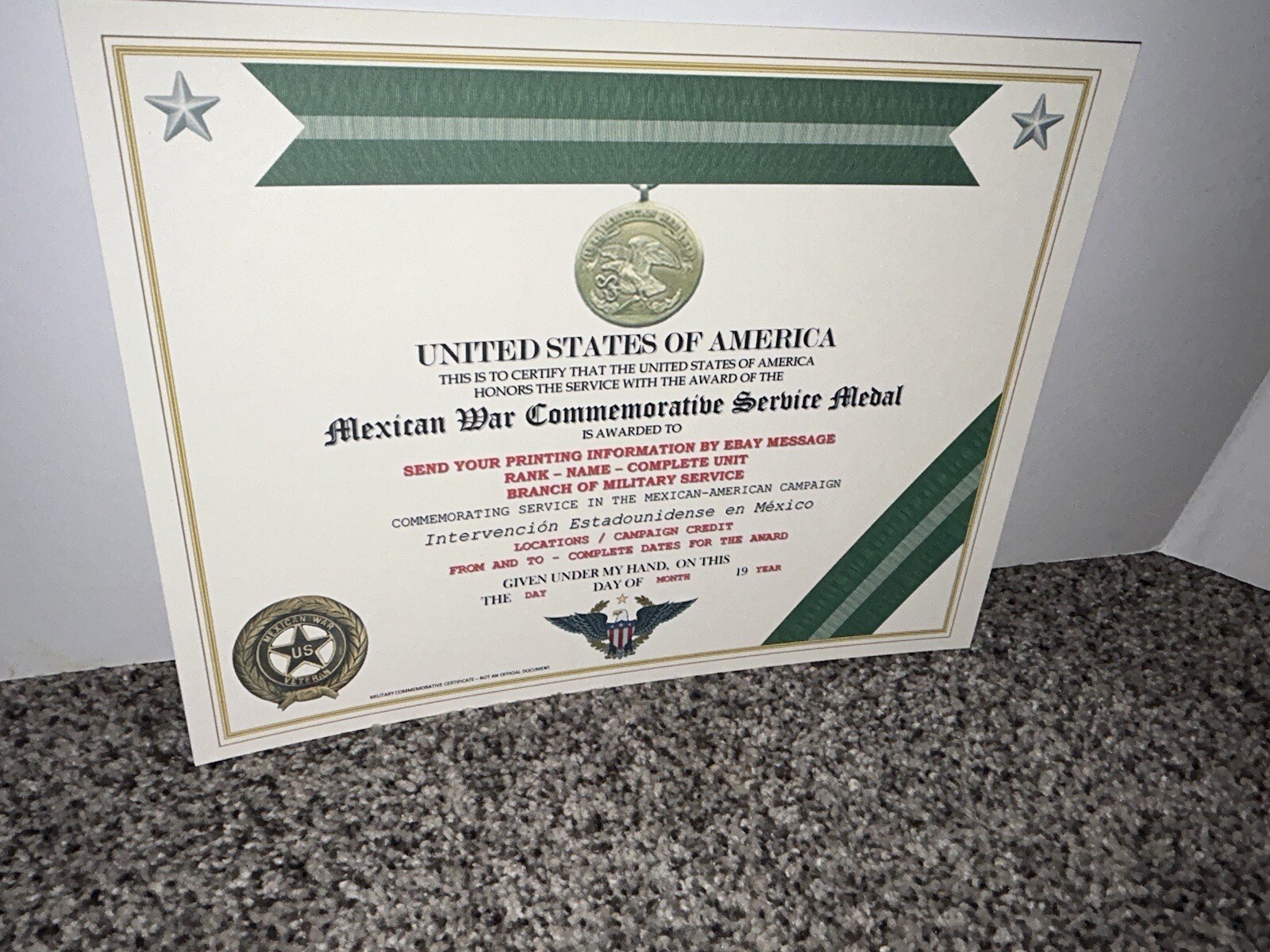 MEXICAN WAR COMMEMORATIVE SERVICE MEDAL CERTIFICATE ~ W/PRINTING TYPE-1 Без бренда - фотография #15