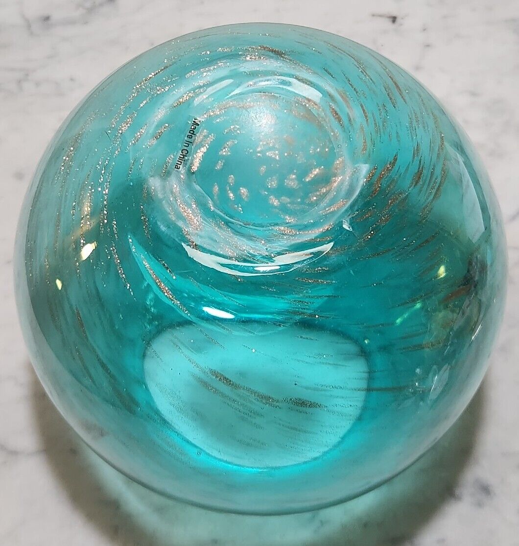 Medium HQT Handblown Aqua/Gold Glitter Artglass Swirl Globe/Rose Bowl/Vase NWT HQT - фотография #3