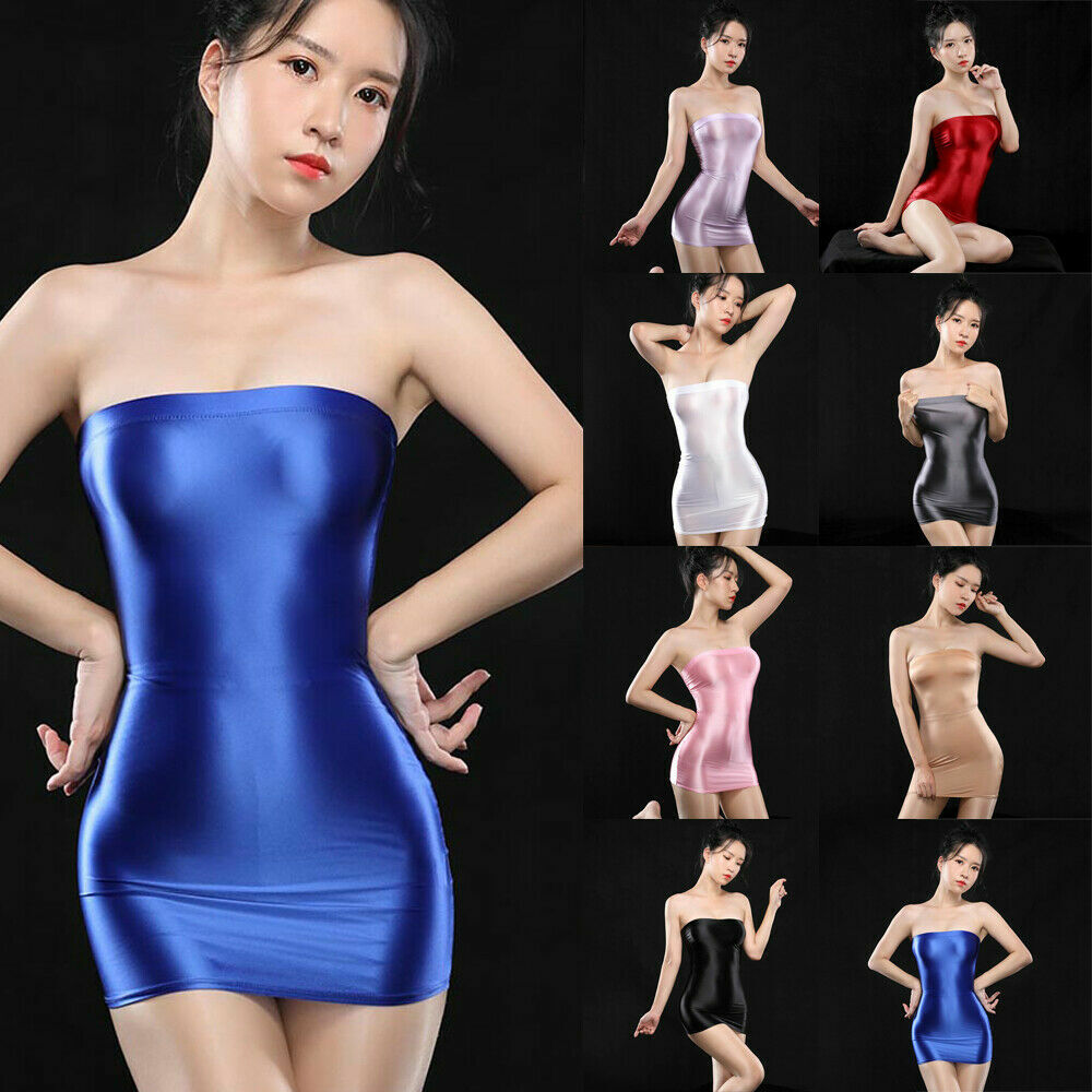 US Sexy Lingerie Women Bodycon Dress Tube Top Mini Dress Shiny Silky Clubwear Unbranded