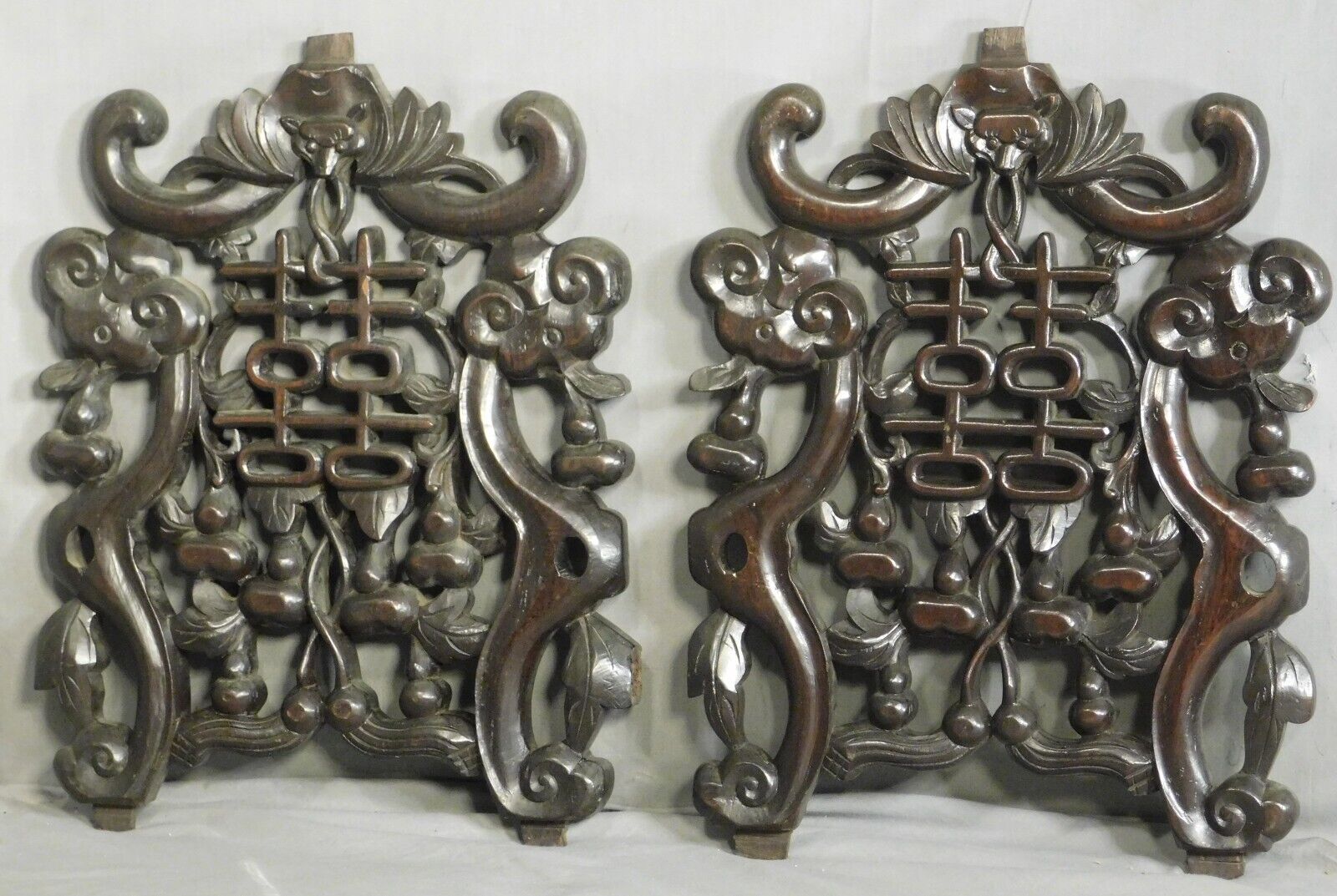 Pair Antique Rosewood Ebony Carved Chinese Fretwork Panels BATS Architectural Без бренда