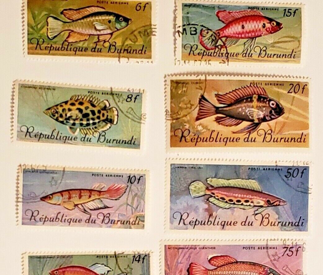 1967 Burundi Set of (8) Tropical Fauna Fish Stamps + Original Littleton Envelope Без бренда - фотография #4