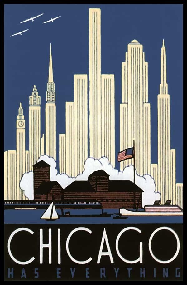 1930'S HISTORIC CHICAGO CITY WATERFRONT SKYSCRAPERS ART DECO COVER POSTER 319368 Без бренда