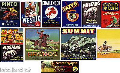 12 FRUIT BOX CRATE LABELS VINTAGE LOT ORIGINAL COWBOYS WESTERN HORSES 1940S 50S Без бренда