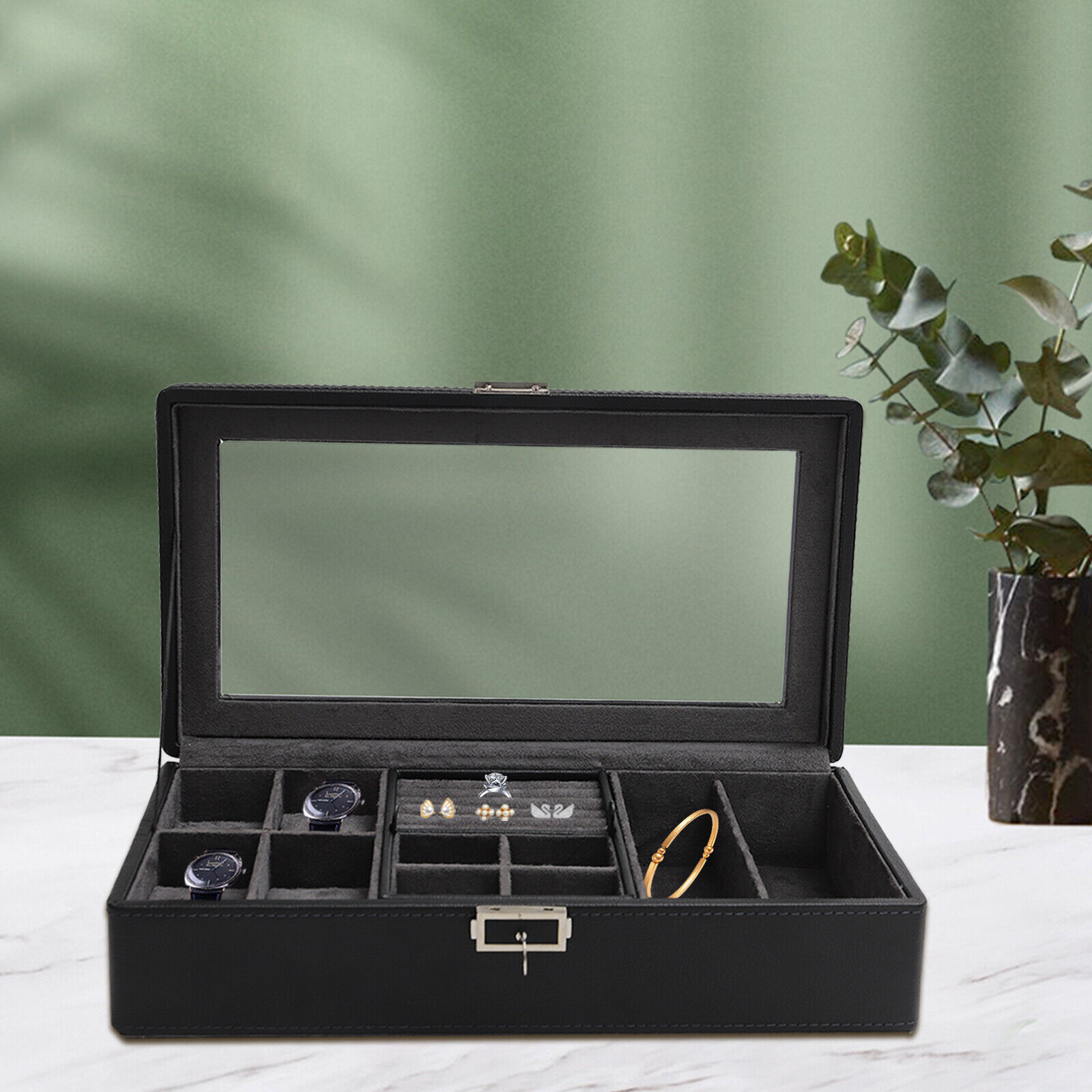 Large Jewelry Storage Box for Men Gifts Watch Display Case PU & Large Glass Lid Unbranded