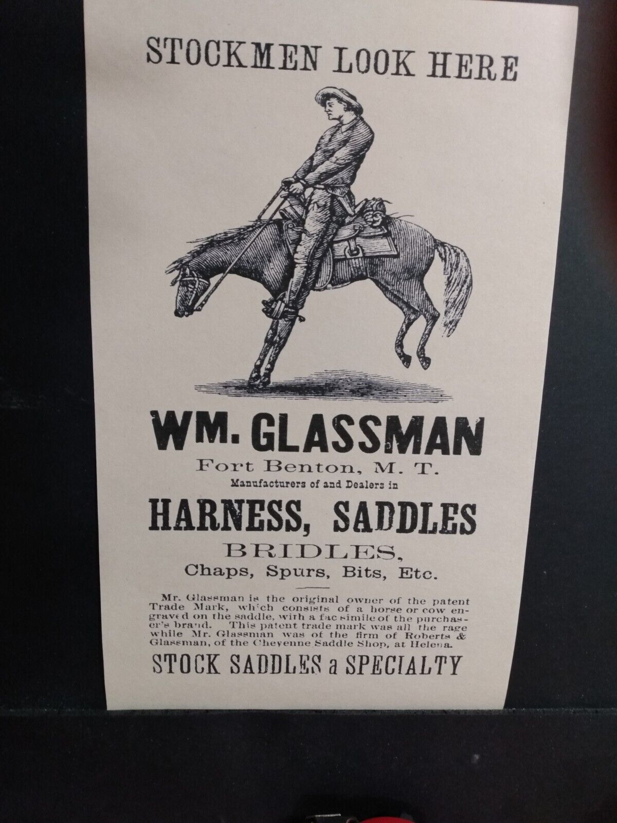 FORT BENTON MONTANA TERRITORY ADVERTISING 1880s Harness Shop Saddles Western Без бренда