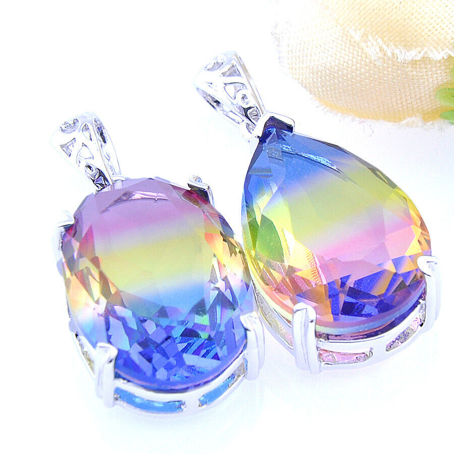 MIX 2PCS Sparking Oval Drop Rainbow Bi Tourmaline Gems Silver Necklace Pendants Luckyshine - фотография #2