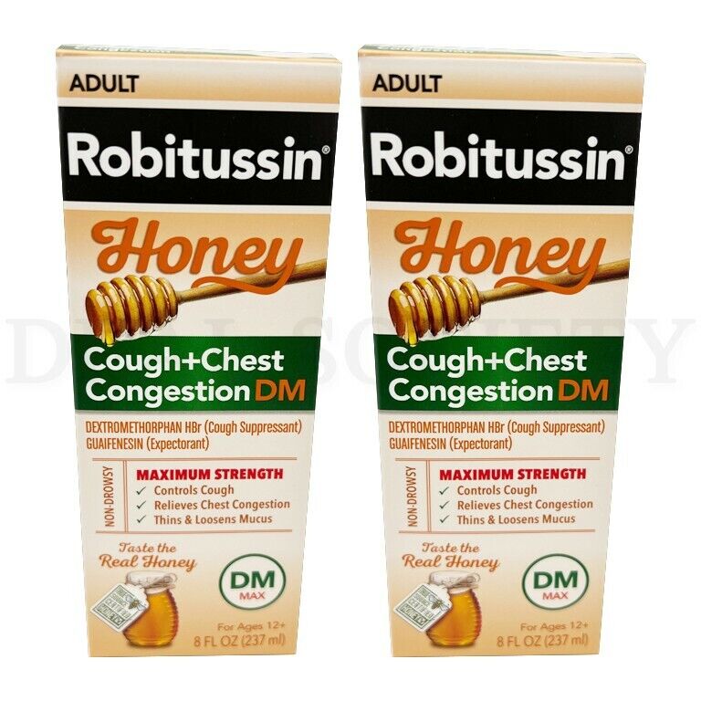 Lot of 2 - Robitussin Maximum Strength Honey Cough + Chest Congestion DM - 8 Oz Robitussin
