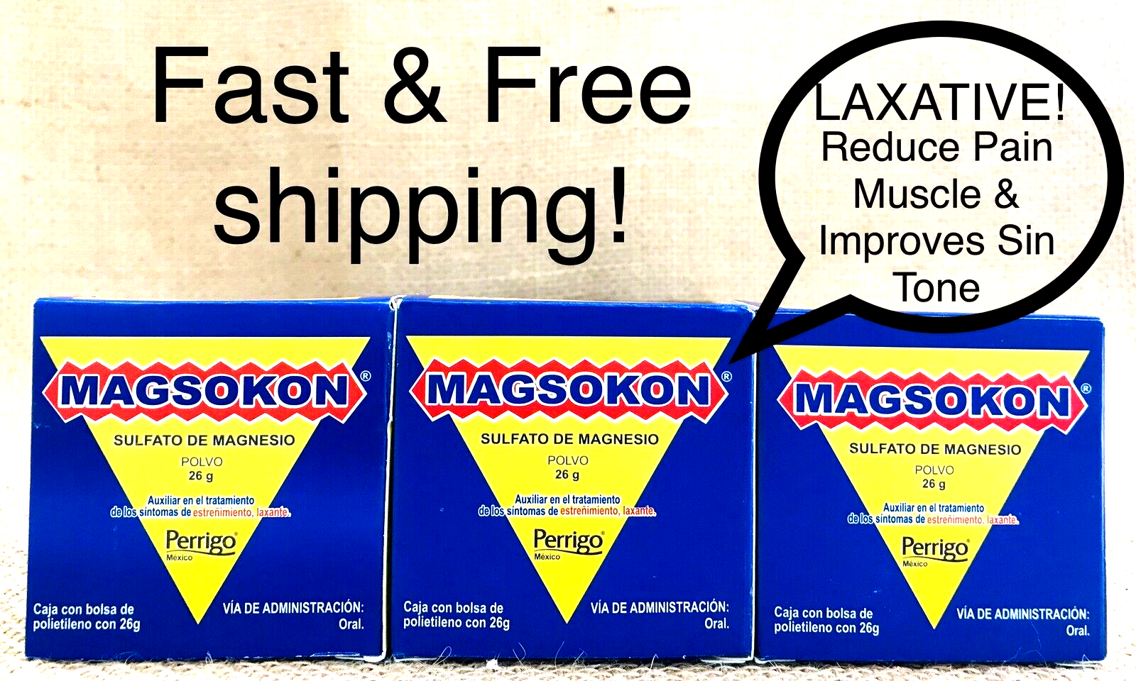3 MAGSOKON  SULFATO DE MAGNESIO  26g / Magnesium Sulfate / Laxante Salino  MAGSOKON 7501109763986