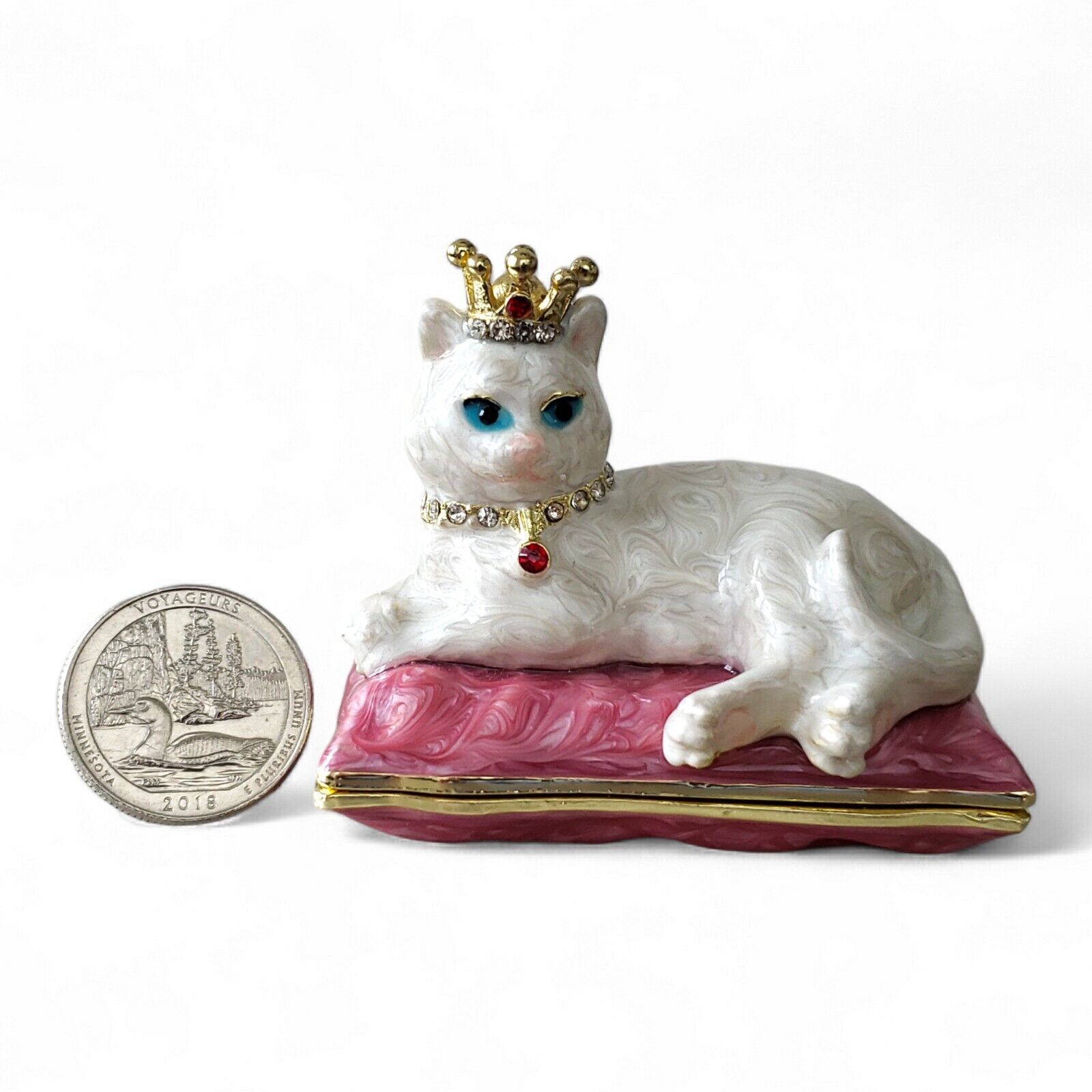 Royal Cat Jeweled Collar & Crown Opalescent Swirl Enameled Hinged Trinket Box Без бренда - фотография #2
