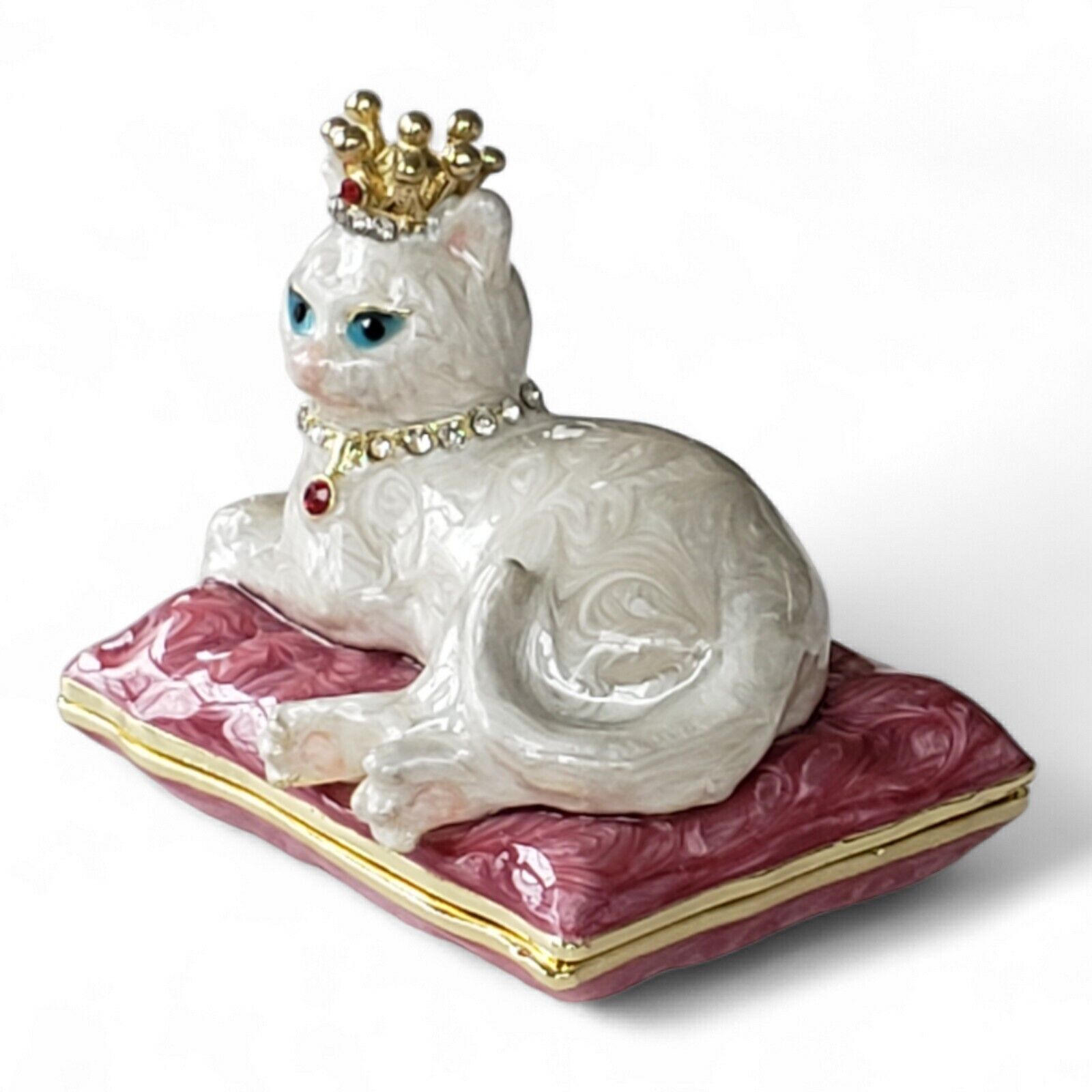 Royal Cat Jeweled Collar & Crown Opalescent Swirl Enameled Hinged Trinket Box Без бренда - фотография #4