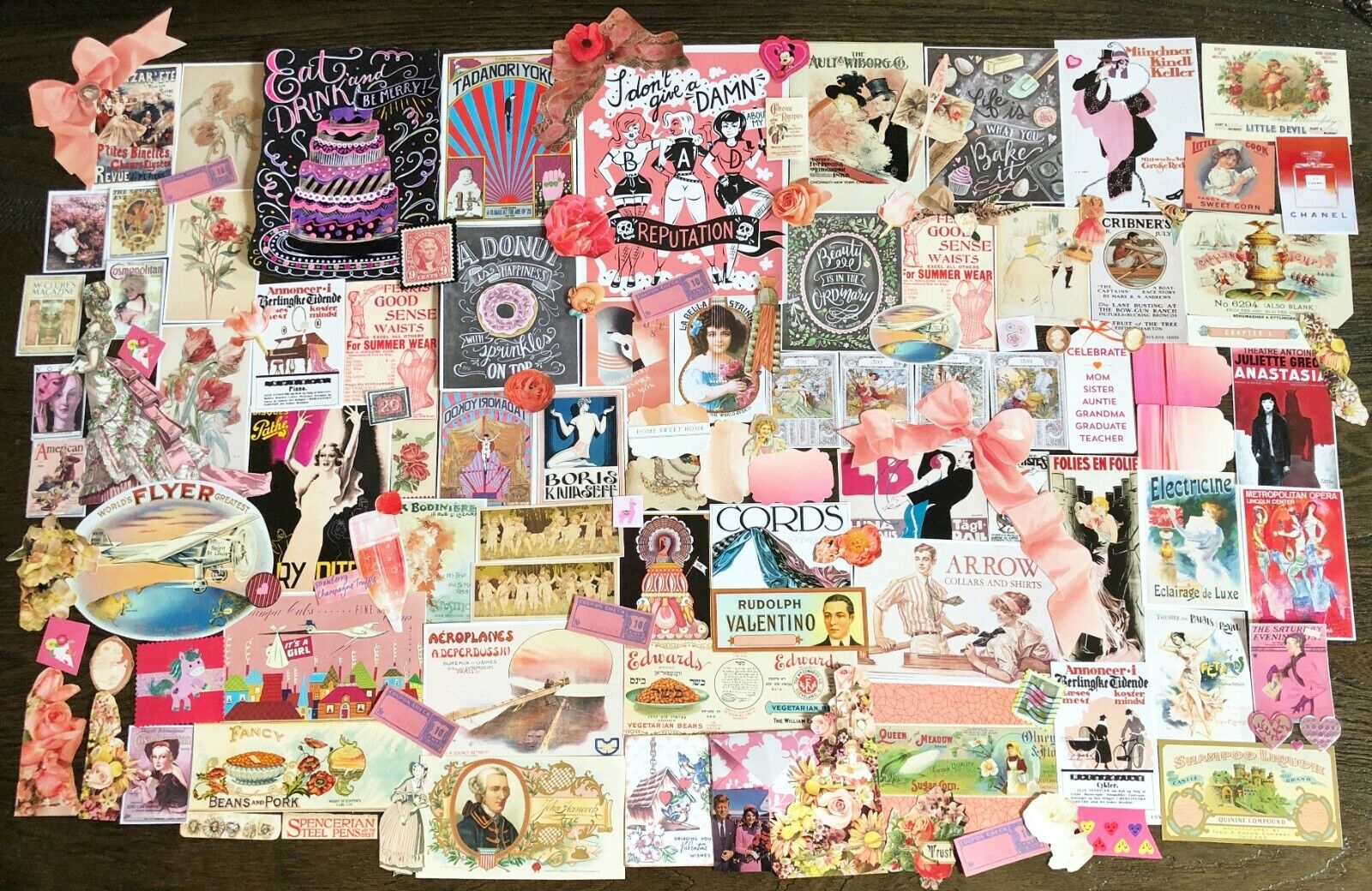 125pc PINK Scrap Lot~Junk Journal Collage Art Paper Pack~Vtg Images,Labels,Ads++ all hand cut and assembled with love by me :o)