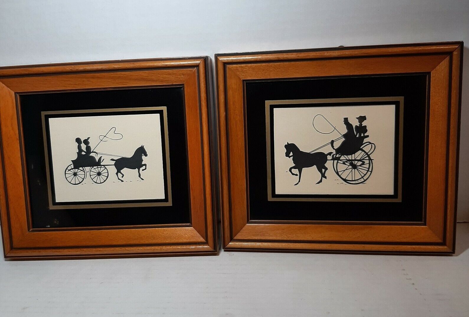 Vintage Framed Silhouette Prints on Glass Victorian Horse and Buggy Silhouette