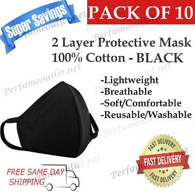 10 Pack / PCS 100% Cotton BLACK Reusable, Washable UNISEX Face Mask Comfortable Handmade