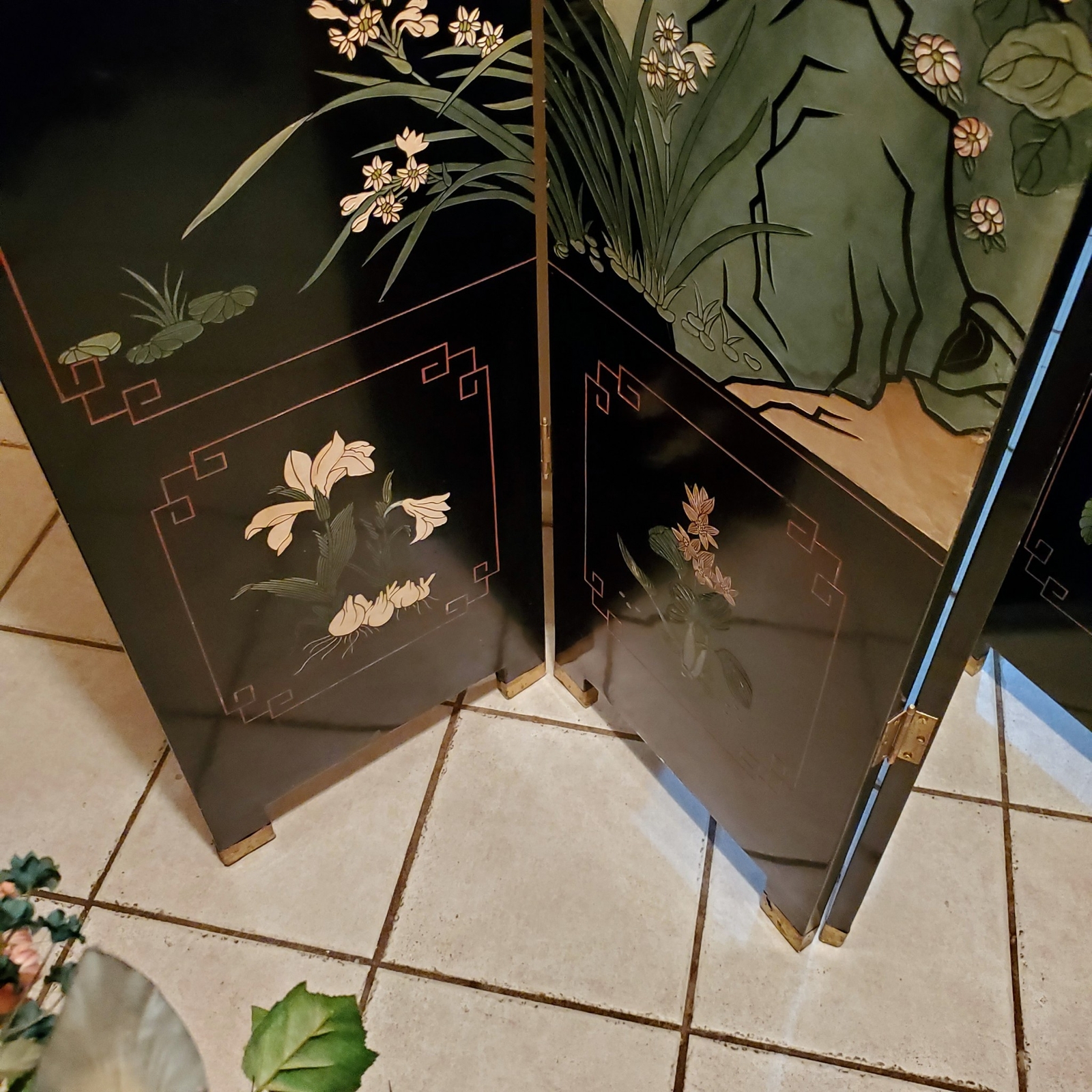 Vintage Wood Folding Room Divider Screen 4 Panel Black Lacquered Chinese Asian Unbranded - фотография #5