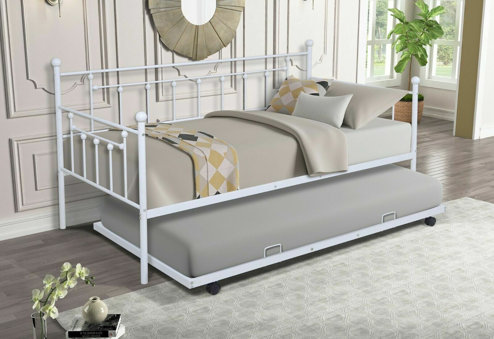 Metal Frame Daybed with Trundle Bedroom Furniture Space Saving For Kids Adults Fetines Does Not Apply