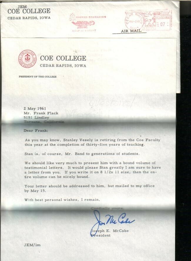 Joseph E. McCabe Autographed Letter President of Coe College 1958 to 1970 Без бренда