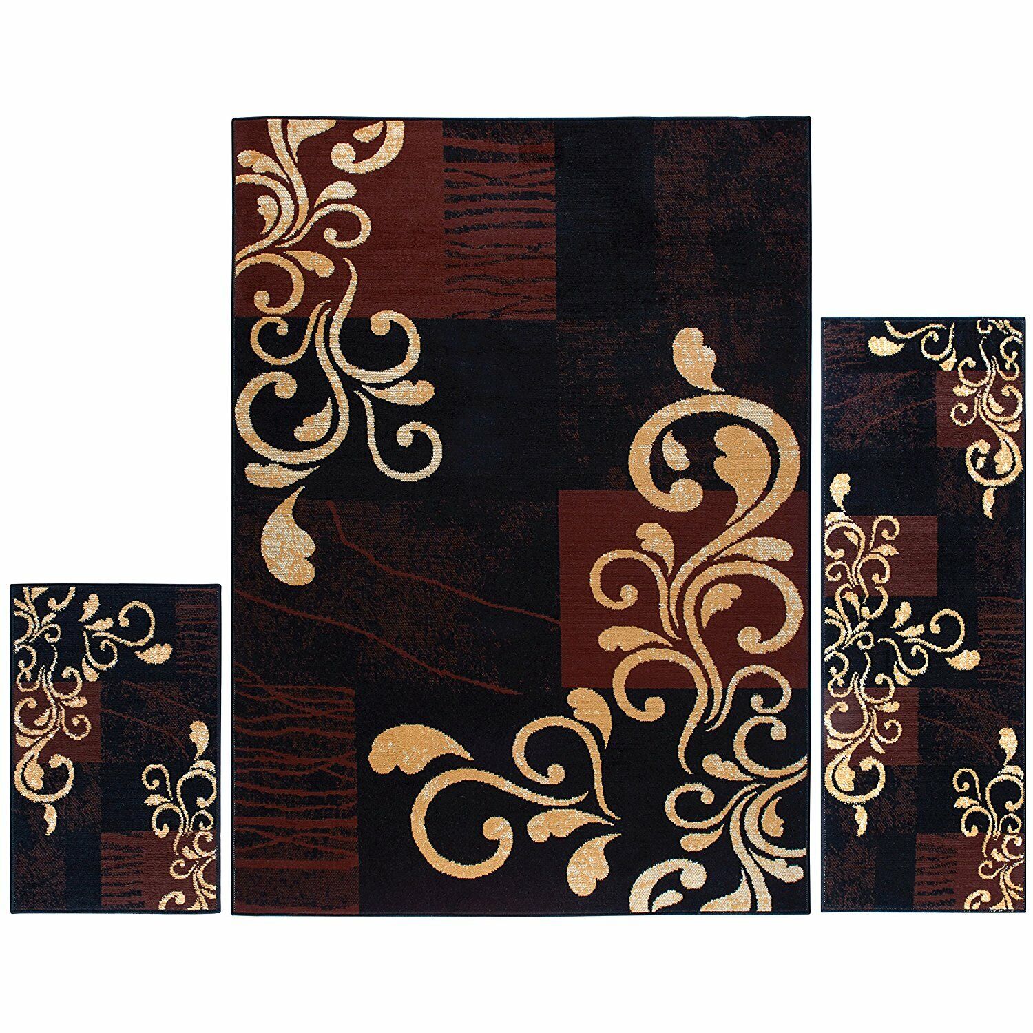 Black Brown Gold Scroll 3 pc Area Rug Set Accent Mat Carpet Runner 5 x 7 ft 2x3 Unknown Does Not Apply