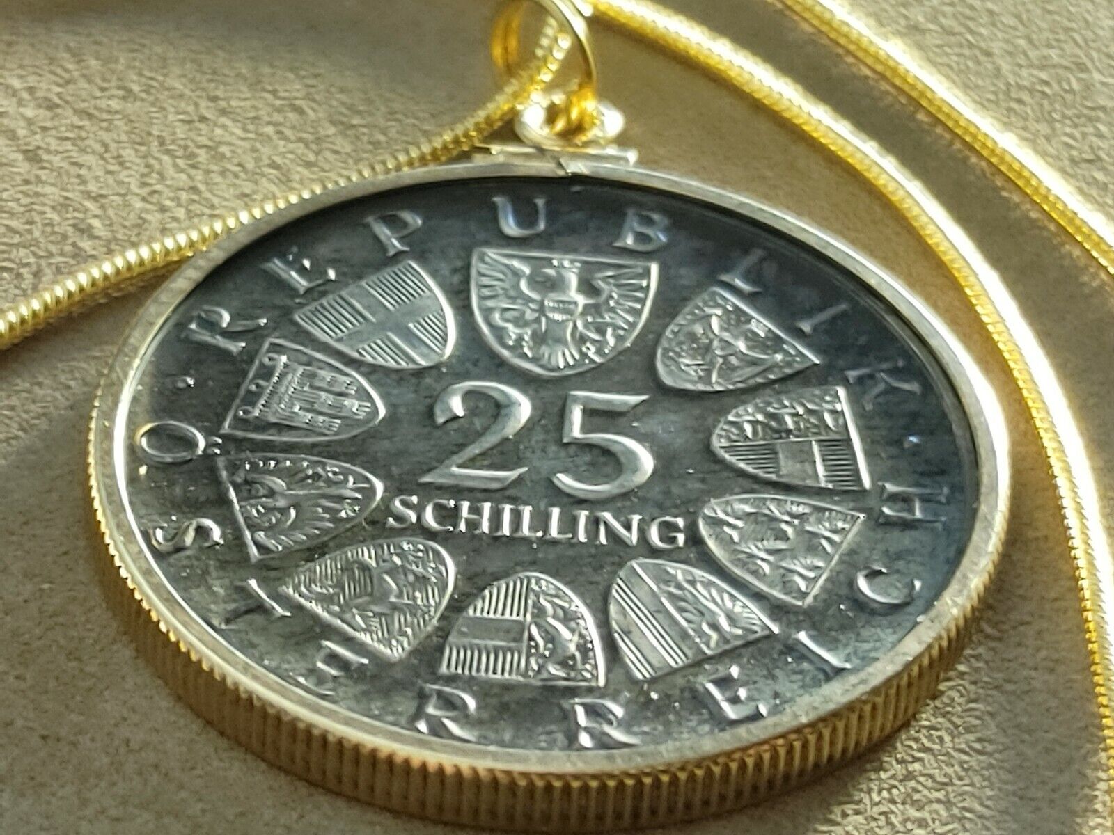 Rare 1965 Silver Austrian Shield coin Pendant on a 24" 18KGF  Snake Chain 32mm Honoredallies