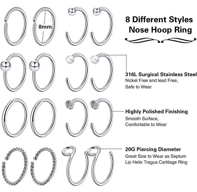 16-64Pcs CZ/Opal Nose Ring Hoops Surgical Steel Pin Bone L Screw Studs Set 20G LongBeauty Does Not Apply - фотография #6
