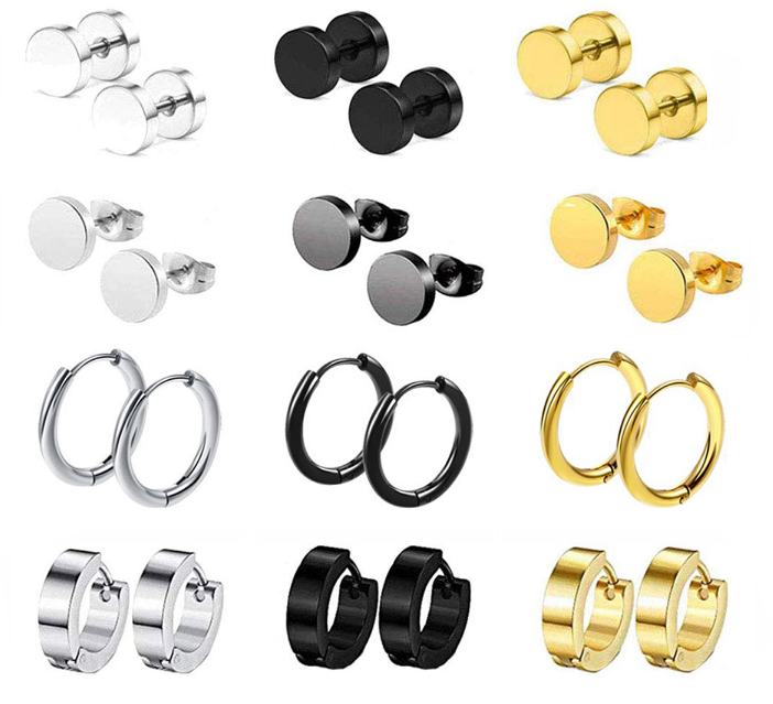 12 Pairs Stainless Steel Barbell Ear Stud Earrings Huggie Hoop Men Women's Gift Unbranded/Generic Does Not Apply