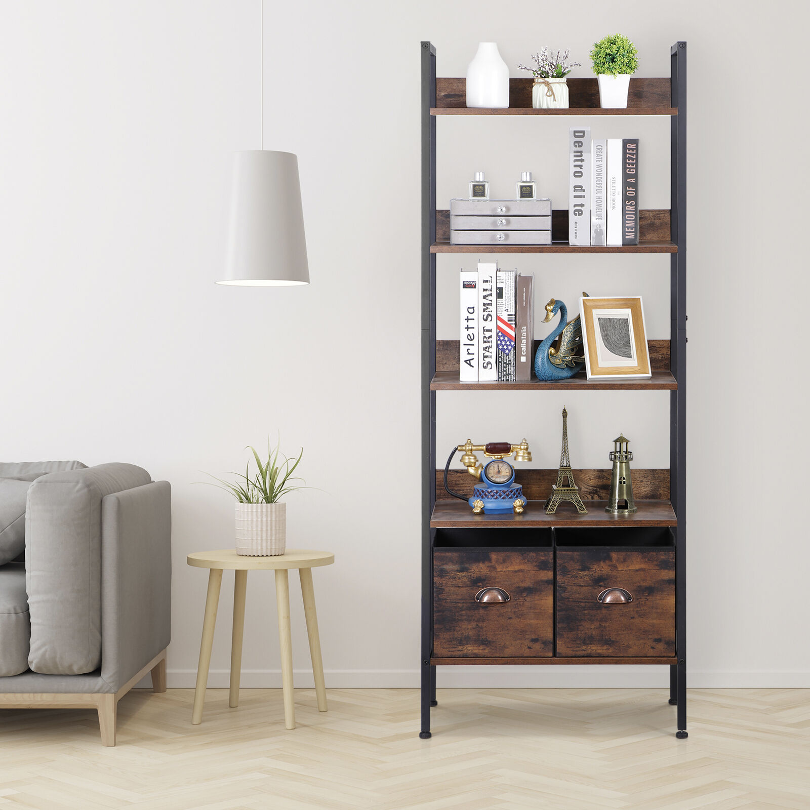 5-Tier Bookshelf Tall Bookcase with 2 Storage Drawers Industrial Rustic Brown Segawe H01-3486