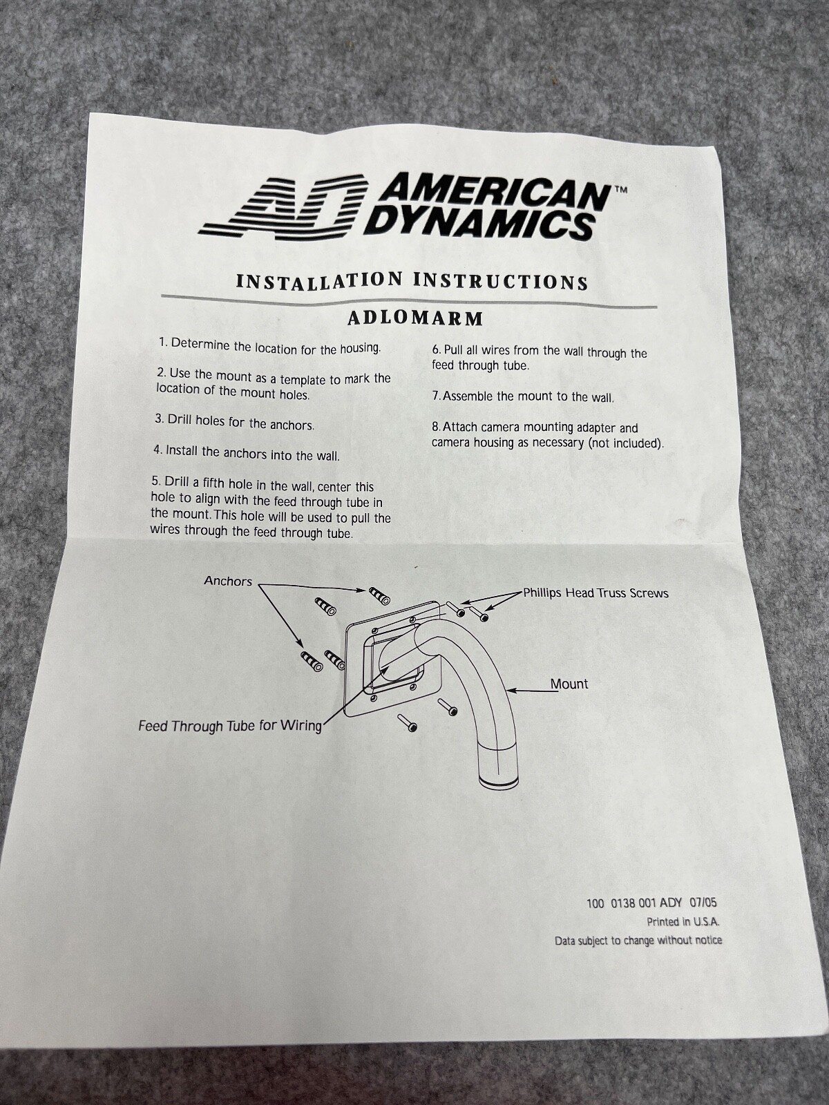 AMERICAN DYNAMICS (ADLOMARM) DISCOVER MINI DOME WALL MOUNT & HARDWARE American Dynamics Does Not Apply - фотография #3