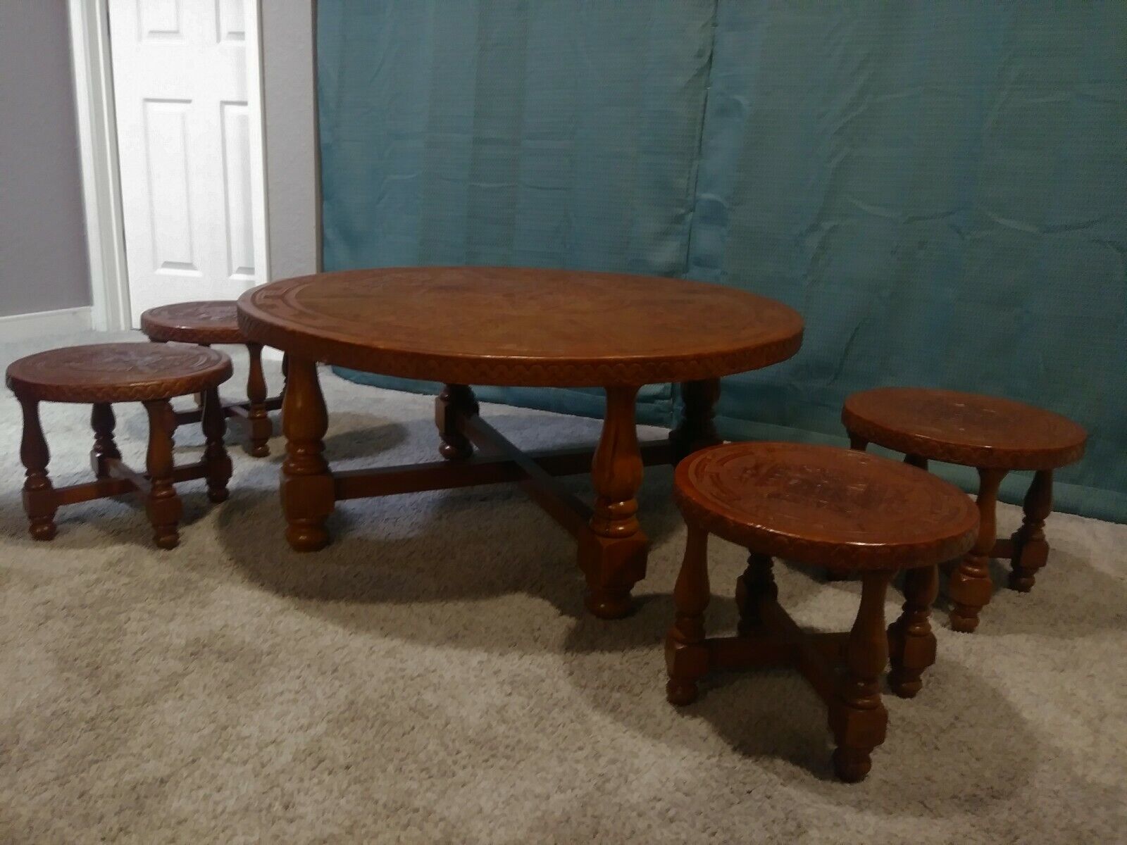 Vintage Rare Peruvian Hand Tooled Leather Wooden Coffee Table With 4 Stools Peruvian