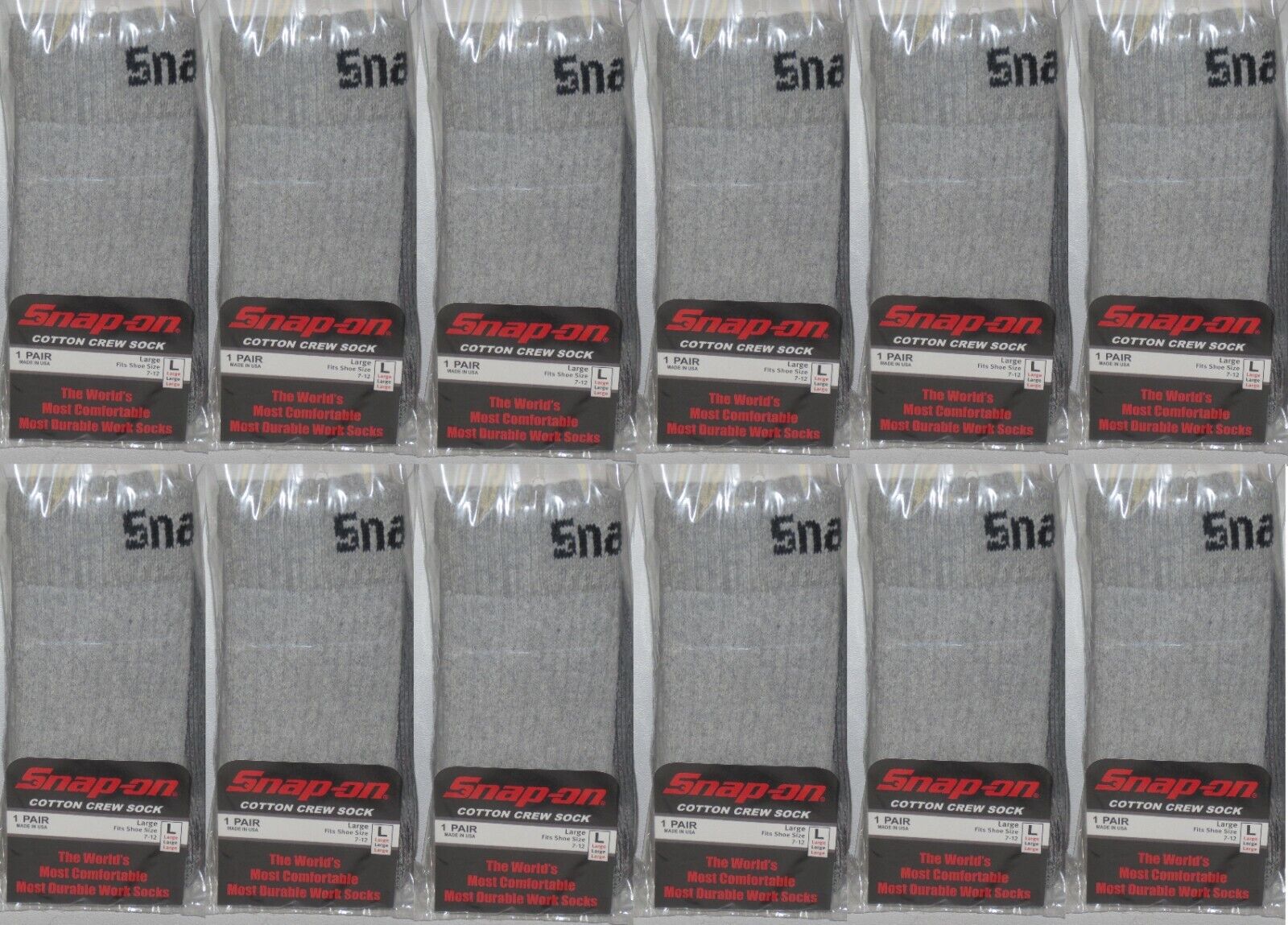 12 PAIRS Men's GRAY Snap-On Crew Socks LARGE ~ FREE SHIPPING ~ MADE IN USA *NEW* Snap-on