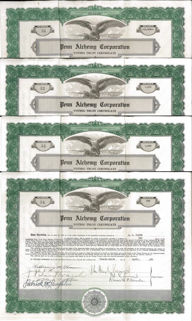 Penn Alchemy Corporation > set of 4 1934 Pennsylvania stock certificates Без бренда