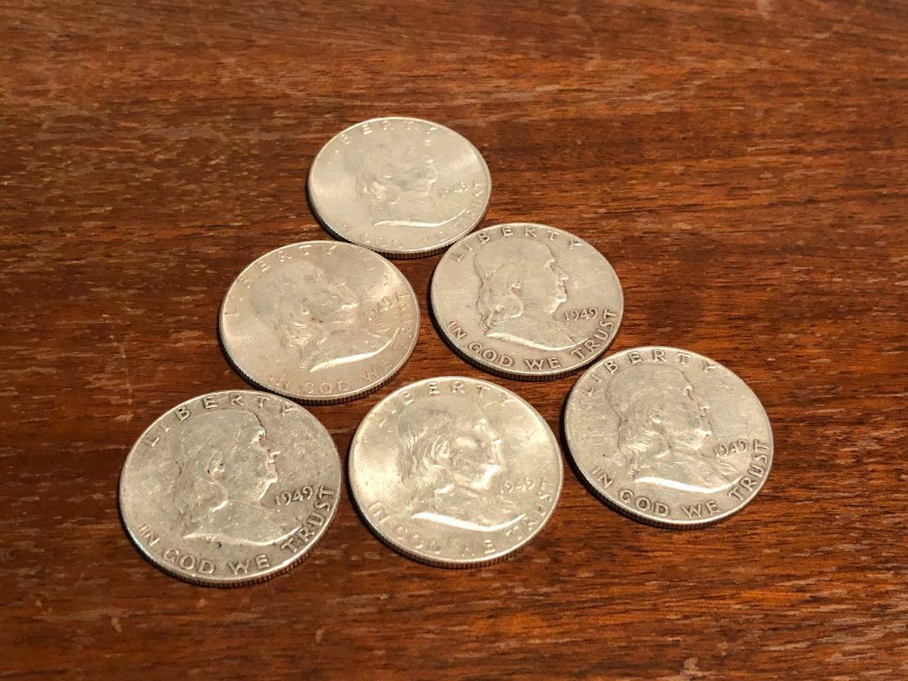 1949 Franklin Half Dollar 50 Cent Silver Half Dollar 6 coin lot All 6 are 1949 Без бренда