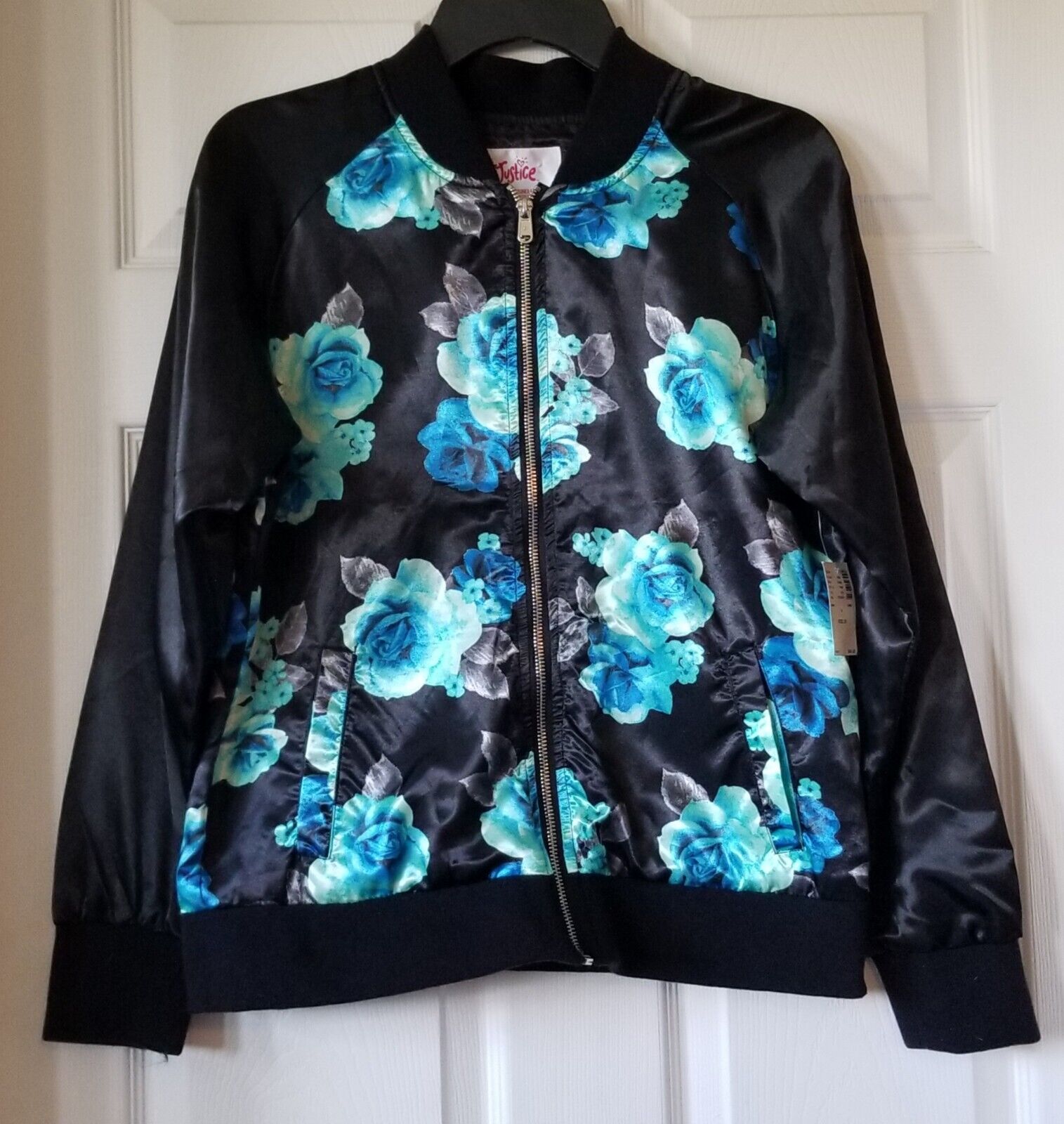 JUSTICE Girls Black and Teal Floral Satin Zip Front Bomber Jacket Size 20 - NWT Justice