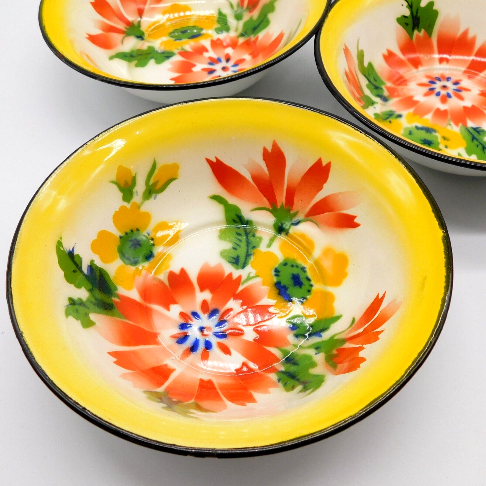VTG 14 pc Metal Rossini Enamel Ware Floral Set 2 plates 8 bowls 4 cups Hong Kong Rossini - фотография #9