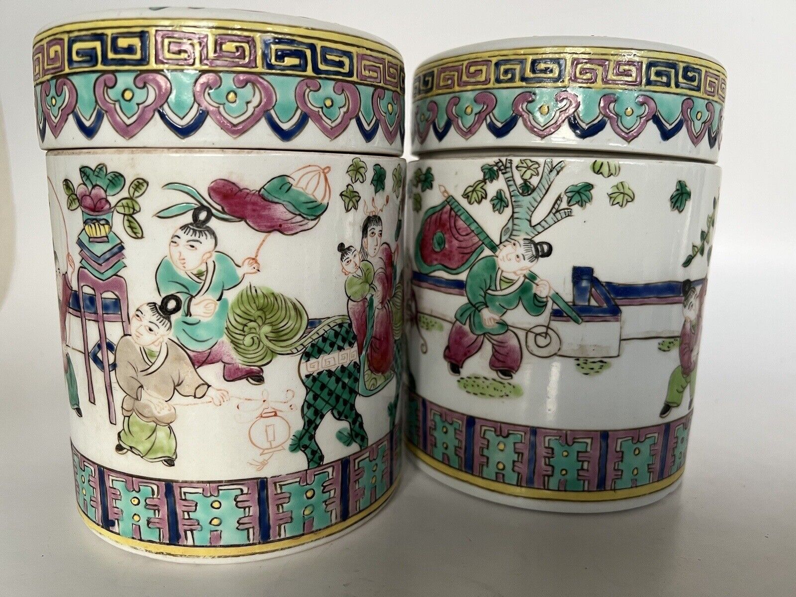 2 Antique Chinese Hand Paint Dragon Children Cylinder Hallmark Famille Jars 6" Без бренда - фотография #7