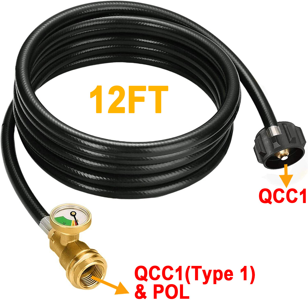 US 12FT Propane Extension Hose w/Gauge for Propane Tank for Most Propane Applian Unbranded