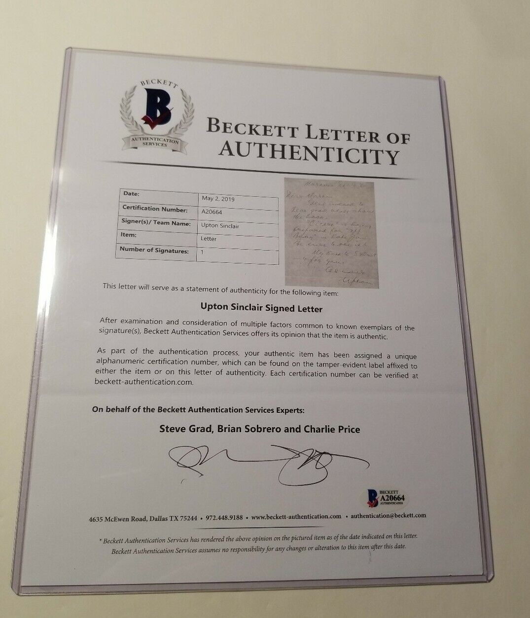 Upton Sinclair Signed Letter Autograph ALS Auto Author The Jungle BAS Beckett Без бренда - фотография #2