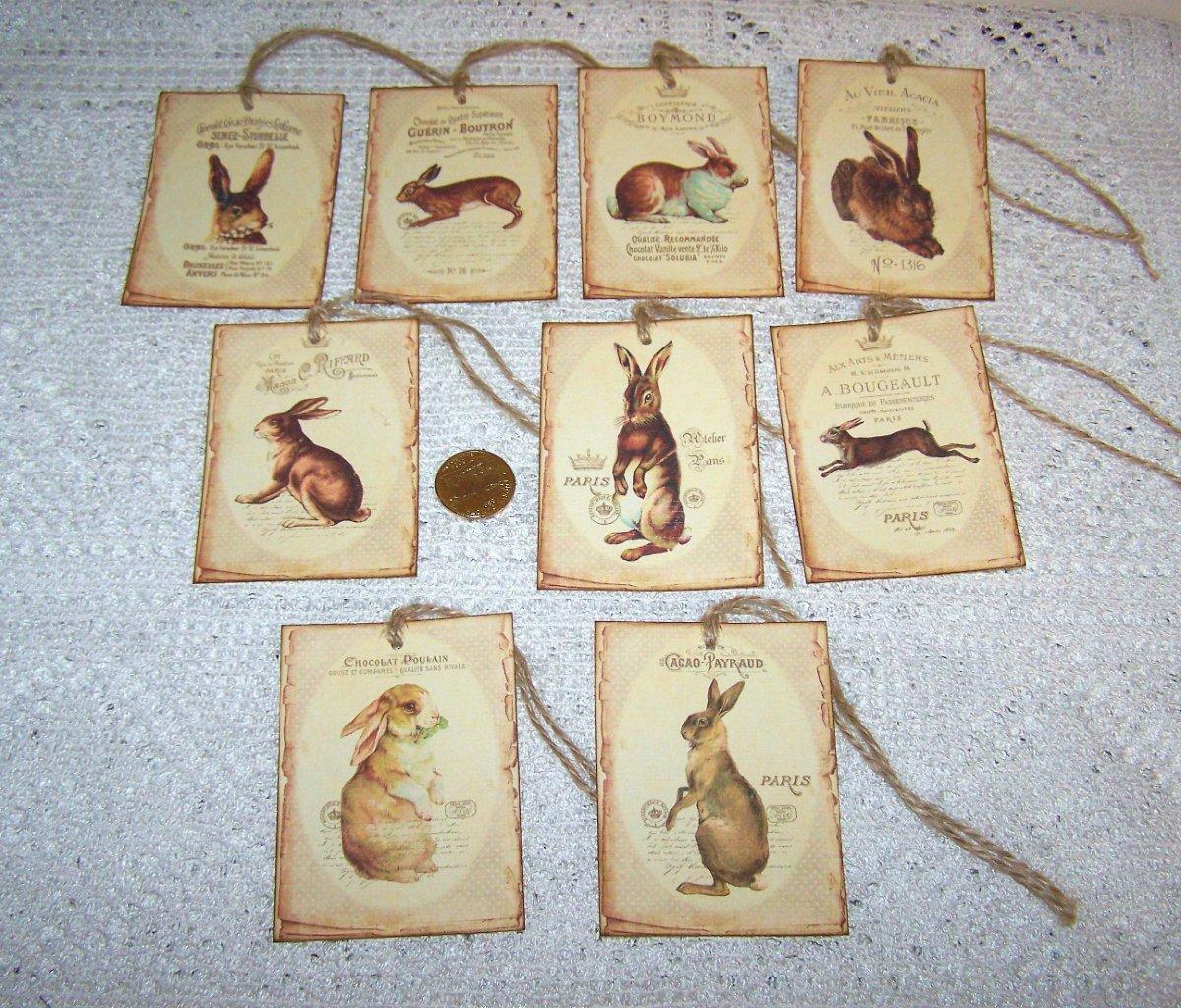 9~Easter~Vintage~French~Chocolat~Rabbits~Linen Cardstock~Gift~Hang~Tags Unbranded none