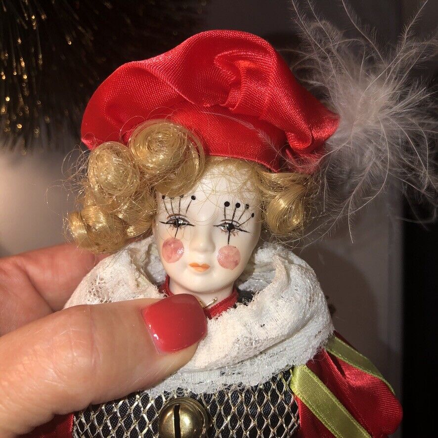 Vintage Porcelain Doll Christmas Ornaments Set  8"-9" Red Pierrot Clown + Girl  Unknown does not apply - фотография #6