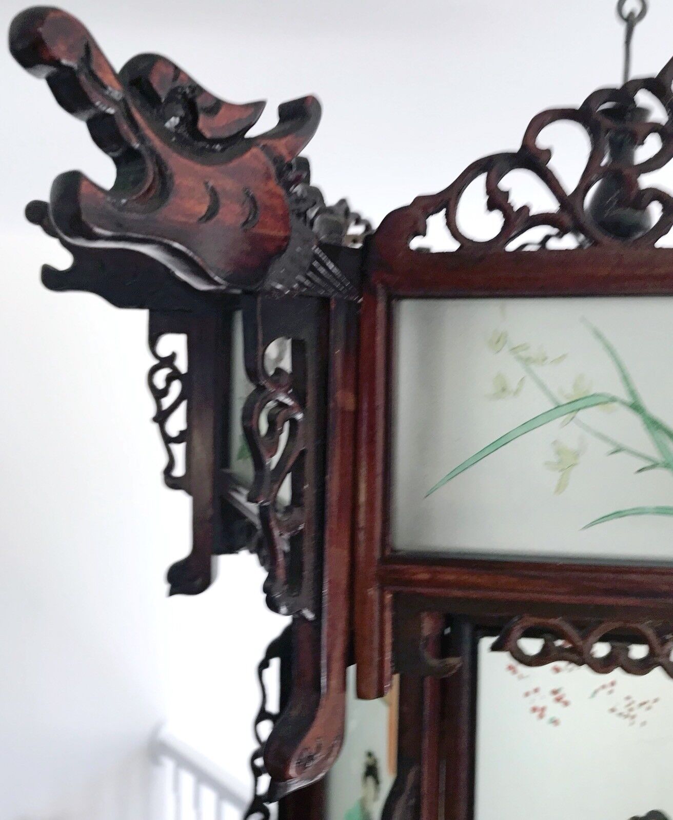 Rare Antique Chinese Zitan Hardwood Reverse Painted Glass Paneled Carved Lantern Без бренда - фотография #6
